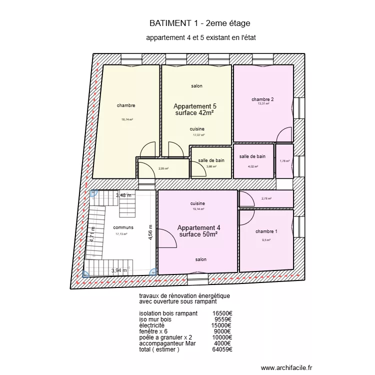B&acirc;timent 1 2eme &eacute;tage + estimation loyer + travaux l&eacute;ger. Plan de 