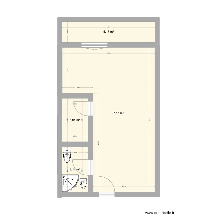 Studio. Plan de 4 pièces et 39 m2