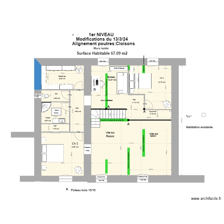 1er Niveau avec agrandissement latéra 13/03/24**. Plan de 5 pièces et 106 m2