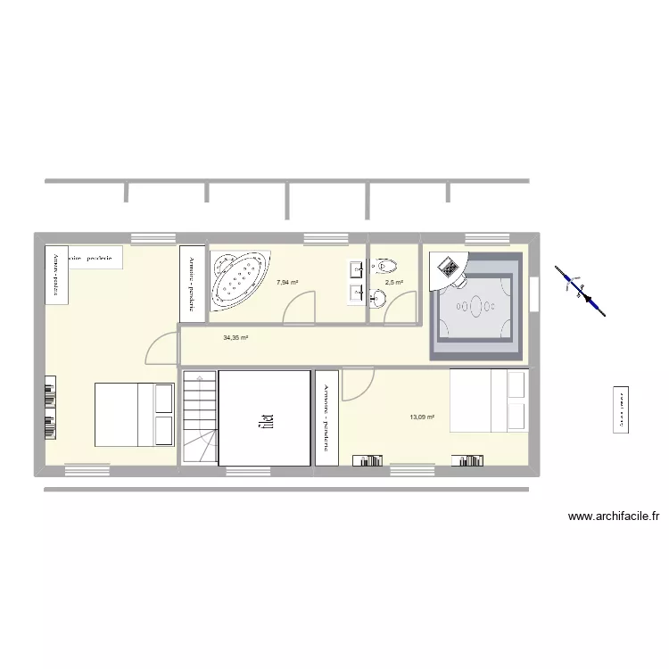 plan maison 1 &eacute;tage 2eme essai. Plan de 4 pièces et 58 m²