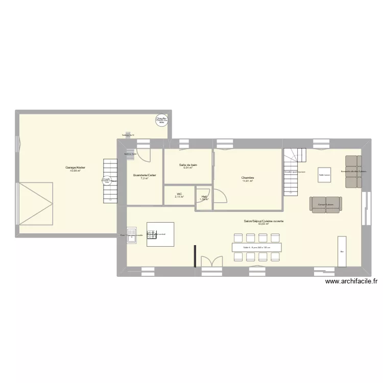 plan maison Longu&egrave;re - RDC. Plan de 7  et 141 m²