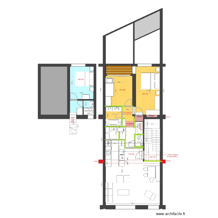 BAUCQ 77 1e étage VF aménagé. Plan de 14 pièces et 79 m2