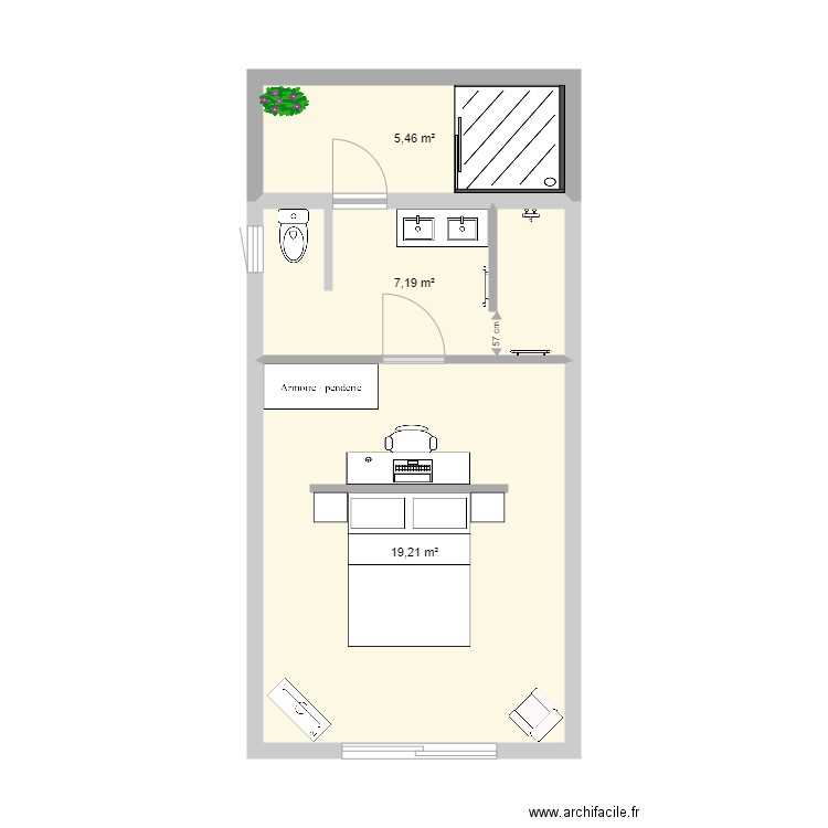 Chambre. Plan de 3 pièces et 32 m2