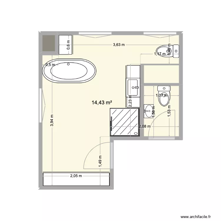 mourzin SDB. Plan de 3 Pièces et 15 m²