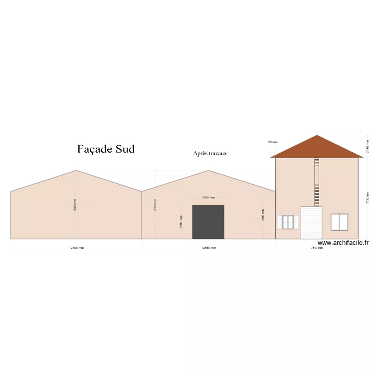 Fa&ccedil;ade sud apr&egrave;s travaux. Plan de 