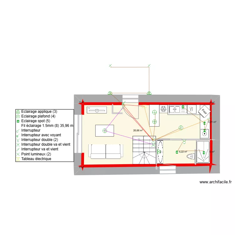 G&icirc;te Denis & Carole &eacute;clairage RDC. Plan de 7  et 32 m²