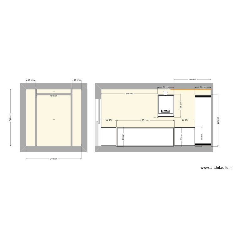 Cuisine mur chaudière. Plan de 3 pièces et 17 m2