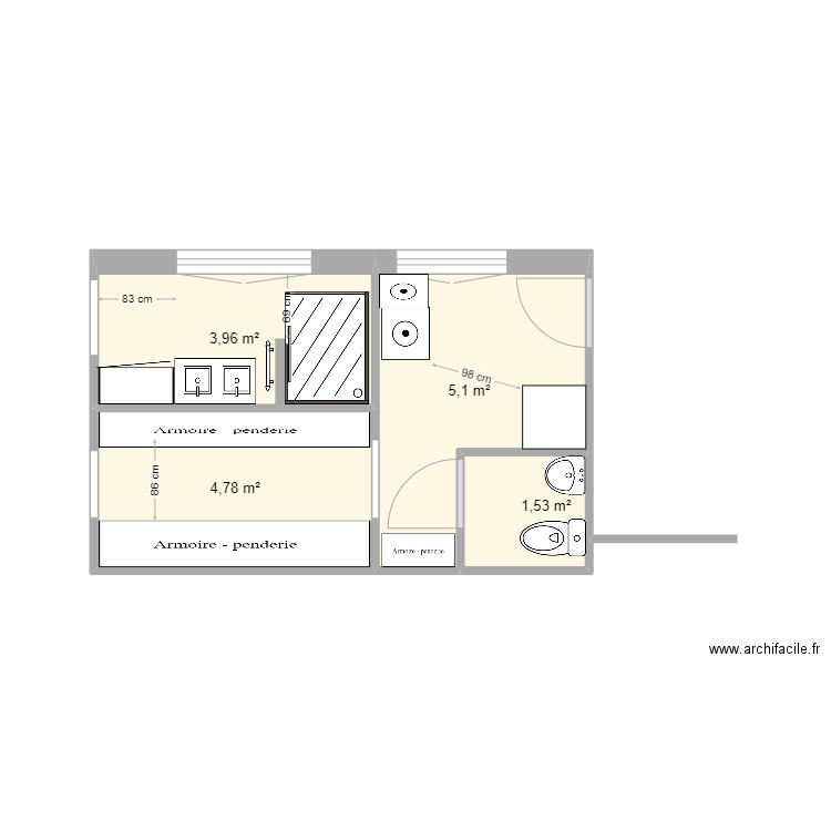 douche pendrie N2. Plan de 4 pièces et 15 m2