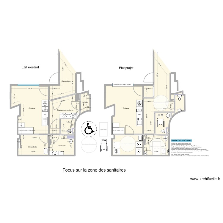 Focus espace sanitaire-buanderie. Plan de 24 pièces et 81 m2