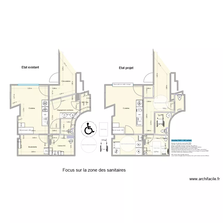 Focus espace sanitaire-buanderie. Plan de 
