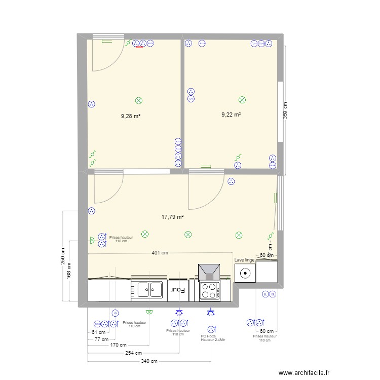 Ancien magasin Christophe implantation cuisine. Plan de 3 pièces et 36 m2