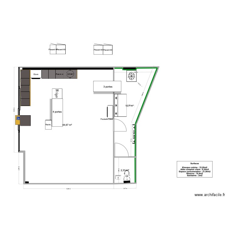 Cellule Coty éphémère. Plan de 3 pièces et 58 m2