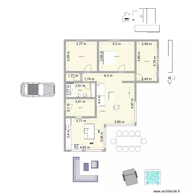 Maison ouverte. Plan de 7  et 102 m²