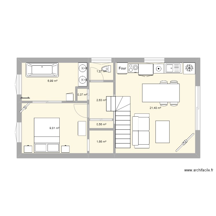 DUPLEX2. Plan de 8 pièces et 45 m2