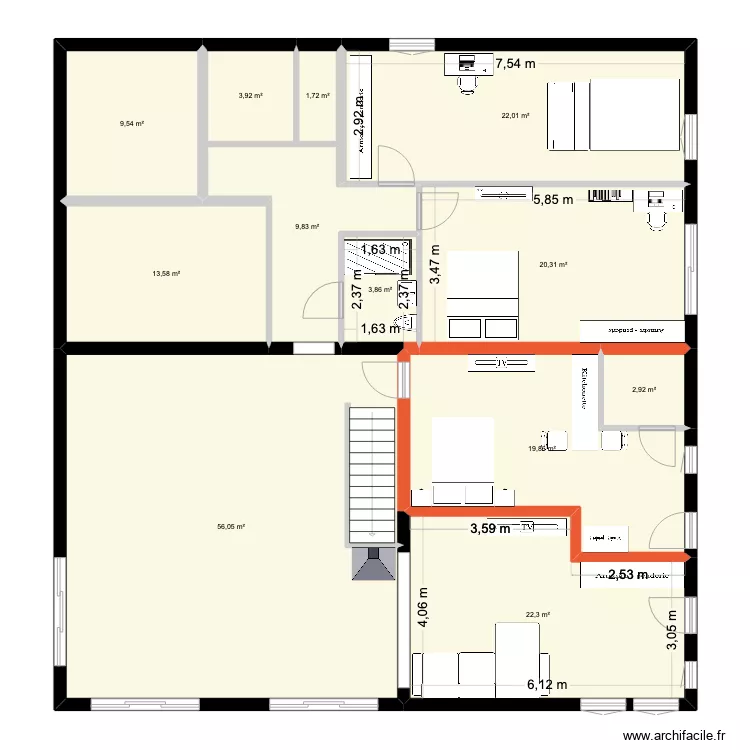 maison h&eacute;singue 1etages tour chambres enfants. Plan de 