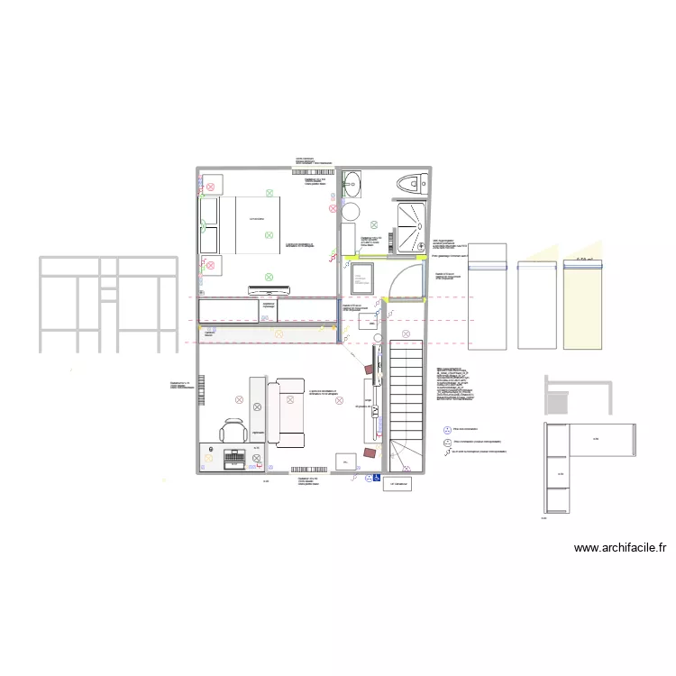 Salon avec separation + Chambre + SDB4. Plan de 12  et 46 m²