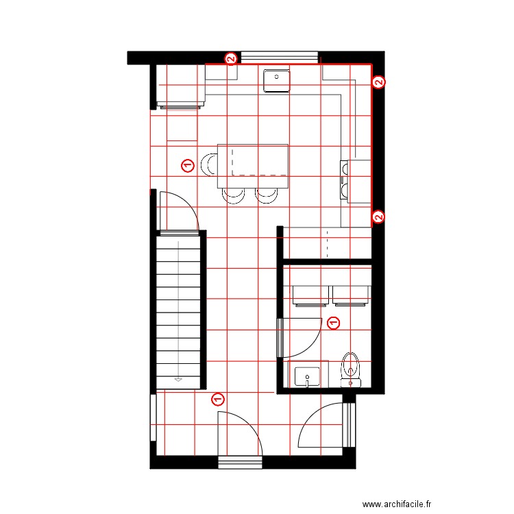 audette Cuisine pose. Plan de 2 pièces et 7 m2