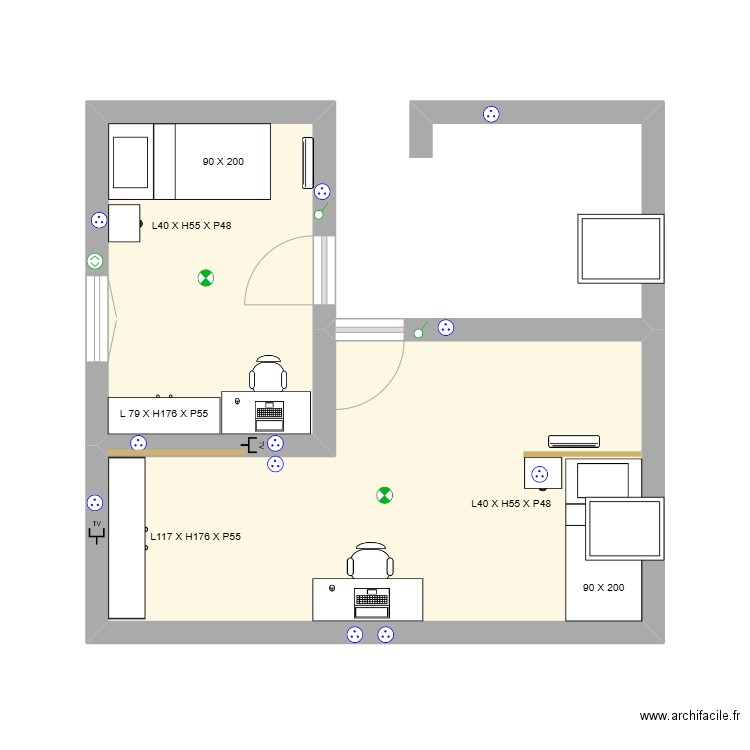 CHAMBRE DU HAUT. Plan de 2 pièces et 25 m2