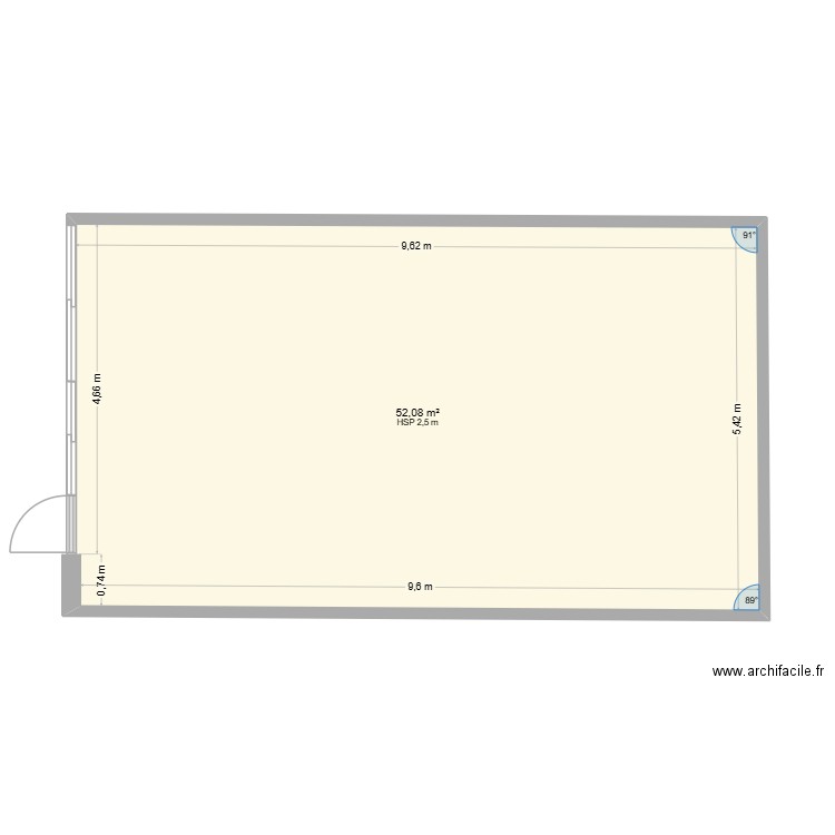 facade. Plan de 1 pièce et 52 m2