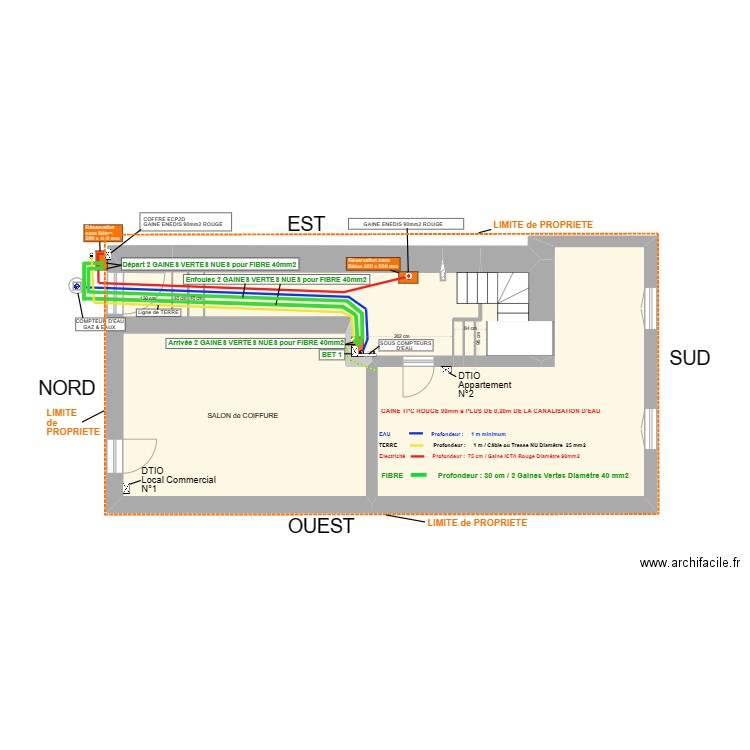 Enfouissement 2 gaines TELECOM Diamètre 40mm. Plan de 6 pièces et 74 m2