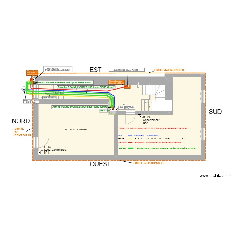 Enfouissement 2 gaines TELECOM Diamètre 40mm. Plan de 6 pièces et 74 m2