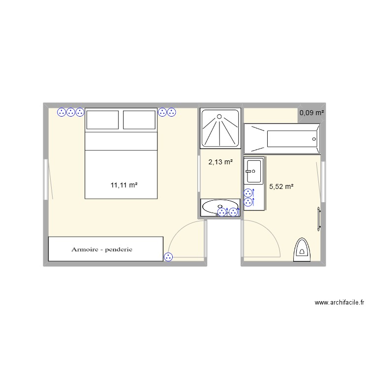 SDB+chambre. Plan de 4 pièces et 19 m2