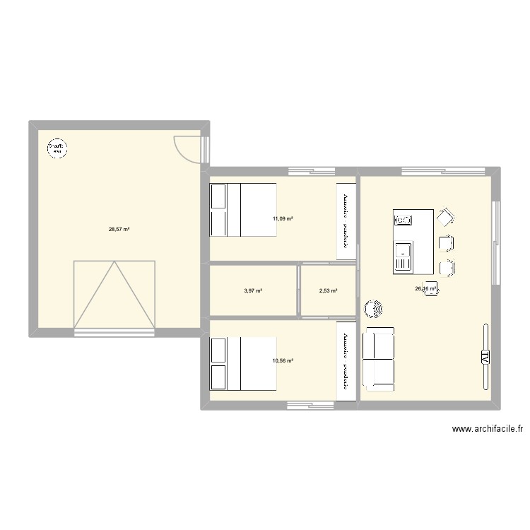 studio. Plan de 6 pièces et 83 m2