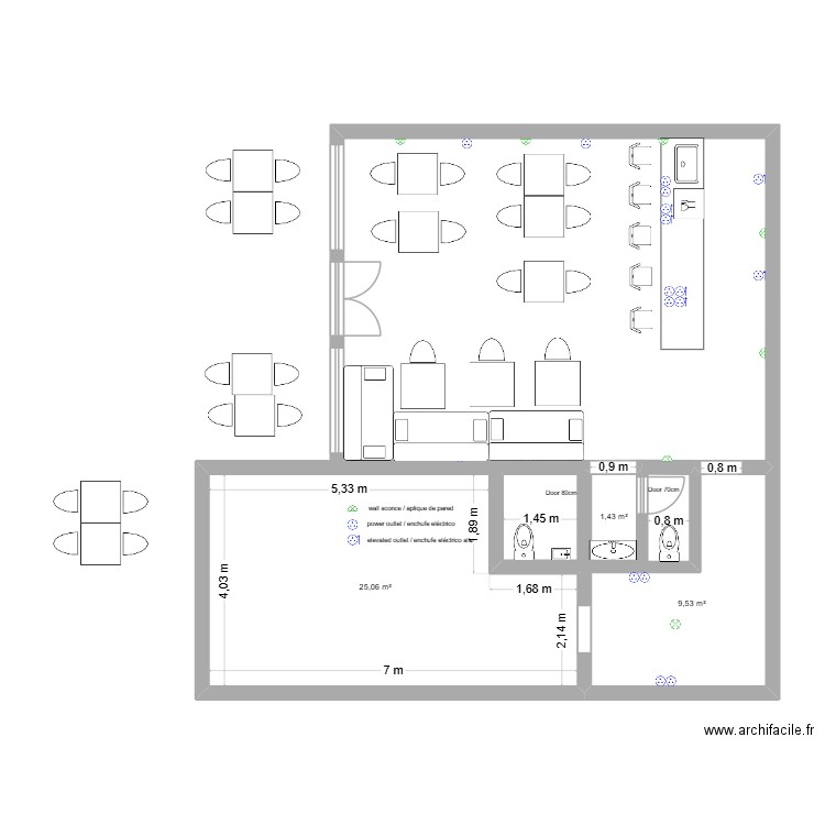 Le Kiosque PTY salle restau 2. Plan de 3 pièces et 36 m2