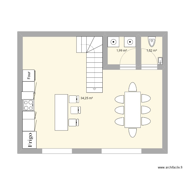 Rdc. Plan de 3 pièces et 38 m2