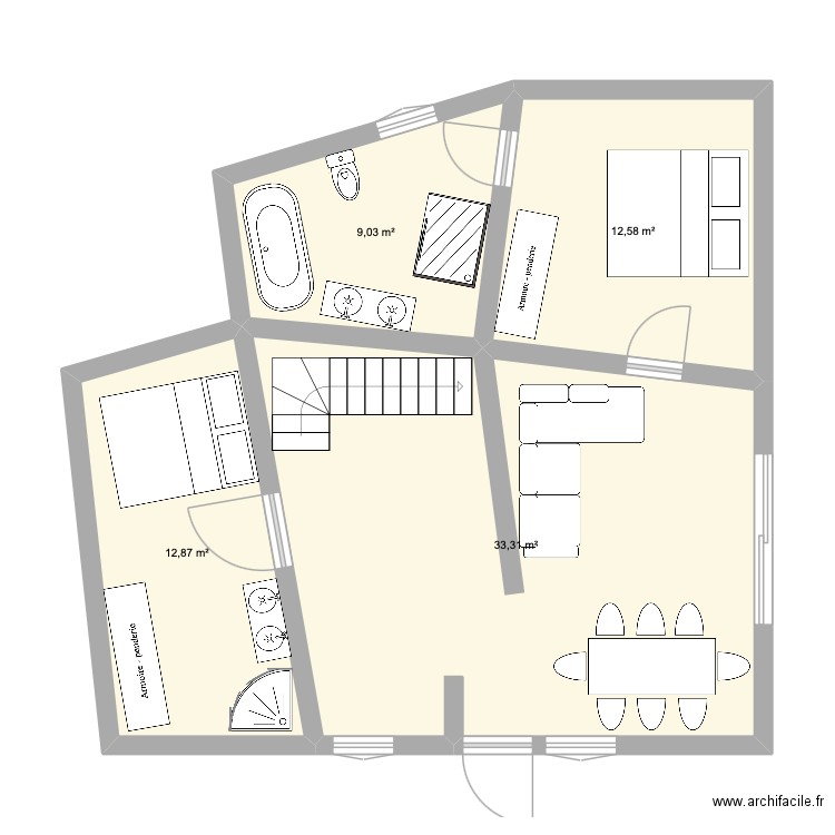 plan du bas bis. Plan de 4 pièces et 68 m2