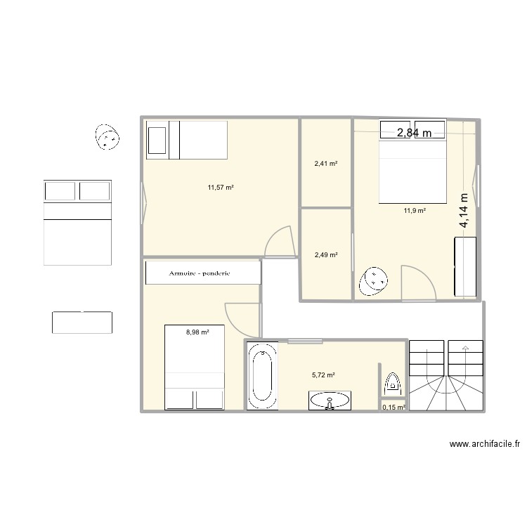 Etage. Plan de 7 pièces et 43 m2