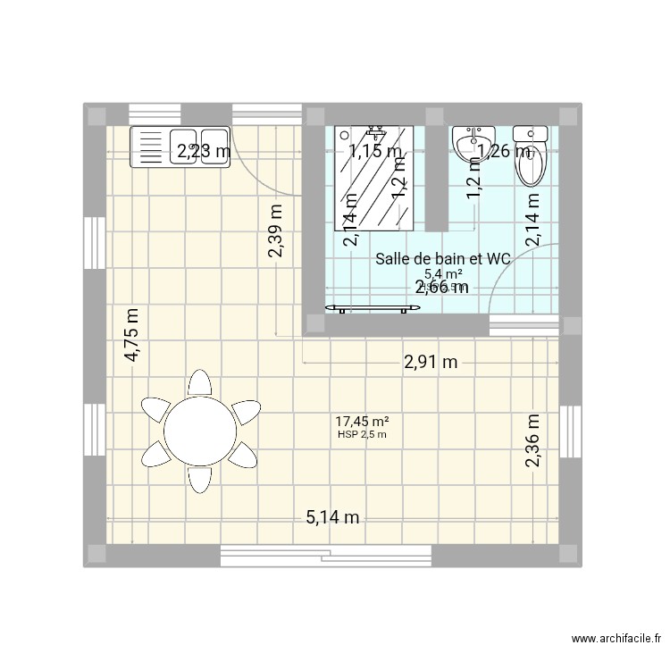 🏠. Plan de 2 pièces et 23 m2