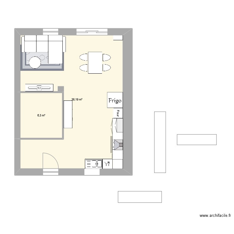 BAS. Plan de 2 pièces et 45 m2