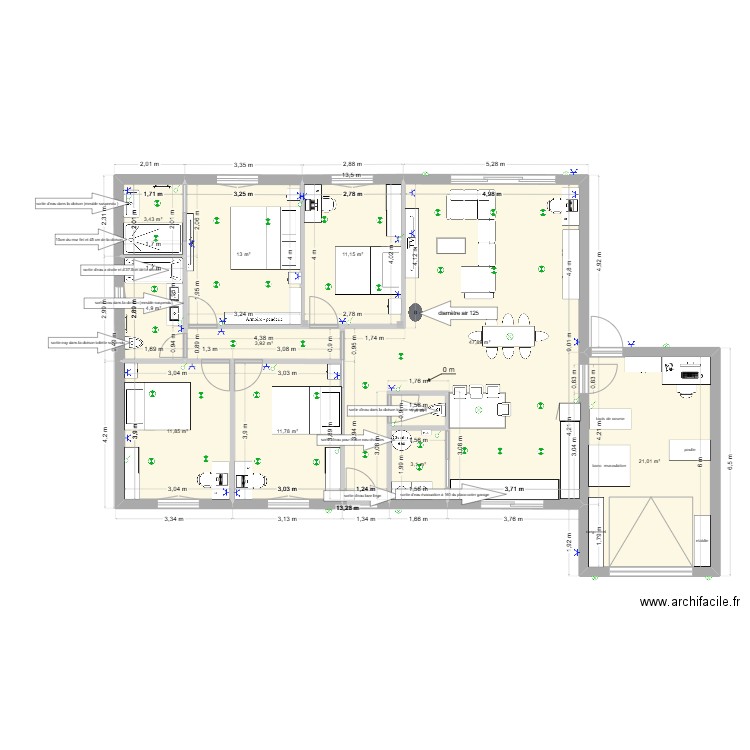 plomberie evacuation. Plan de 11 pièces et 133 m2