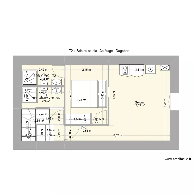 Plan 3e &eacute;tage - T2 + Sdb Studio - Perpi - dagobert. Plan de 5 pièces et 36 m²