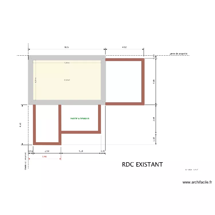 Plan RDC existant. Plan de 1  et 31 m²