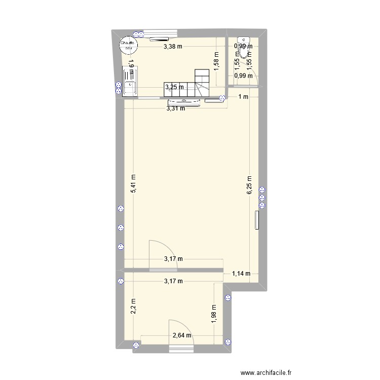 Commerce Gauche. Plan de 3 pièces et 40 m2