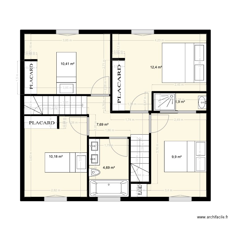 R+1. Plan de 7 pièces et 57 m2