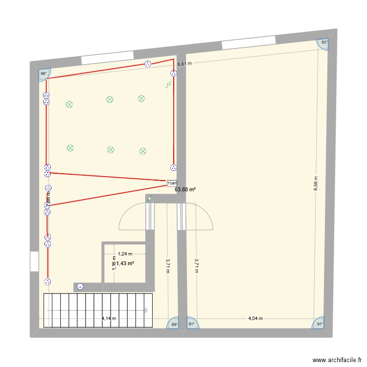 elec premier étage. Plan de 2 pièces et 69 m2