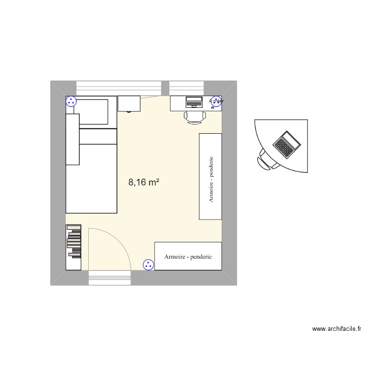 Chambre INES. Plan de 1 pièce et 8 m2
