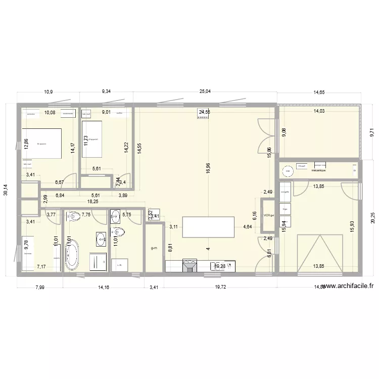 &eacute;bauche 1 f&eacute;v 2026 sans garde-robe. Plan de 14  et 151 m²