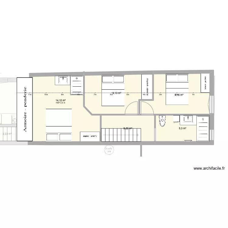 plan avec 3 chambres en haut bis. Plan de 8  et 103 m²