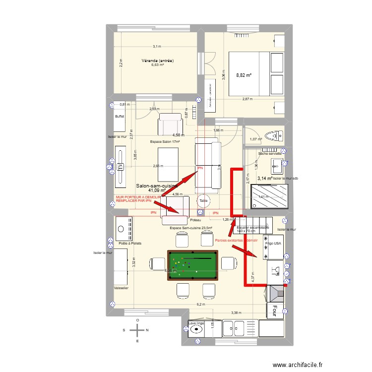 Garluche cuisine chambre avec étage et travaux. Plan de 5 pièces et 61 m2