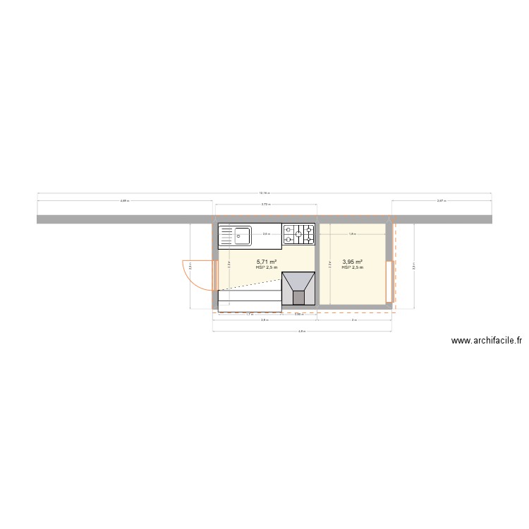 Cuisine Ext 2. Plan de 2 pièces et 10 m2