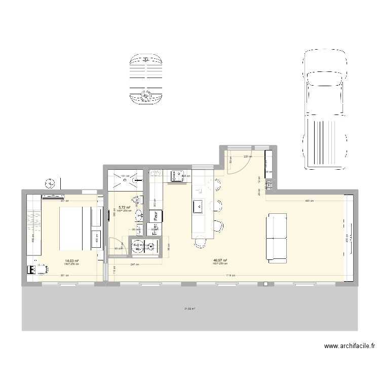 T2 66m². Plan de 5 pièces et 68 m2