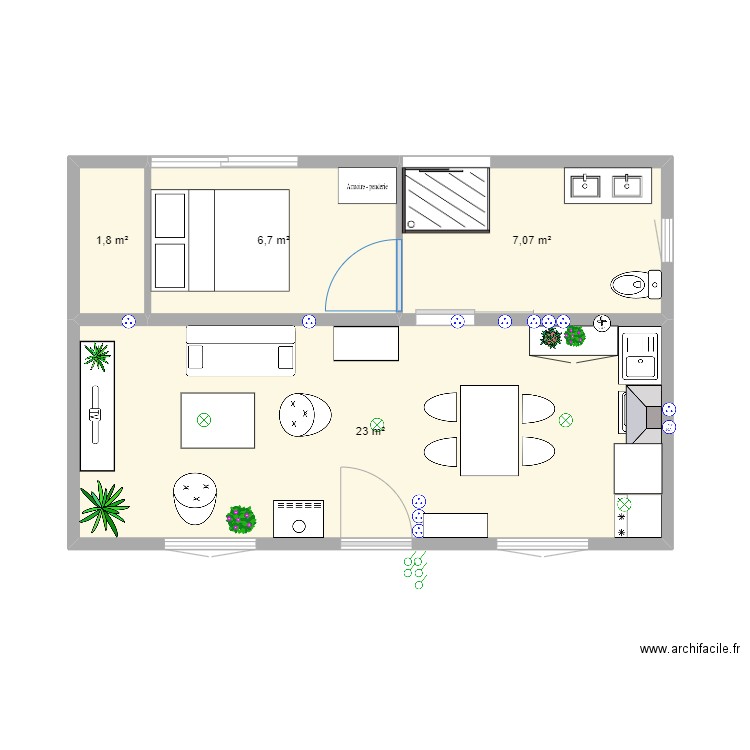 Bungalow 3x8 avec extension. Plan de 4 pièces et 39 m2