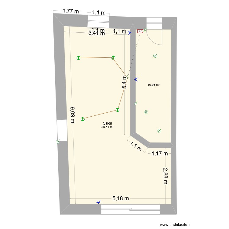 Maison salon. Plan de 2 pièces et 46 m2