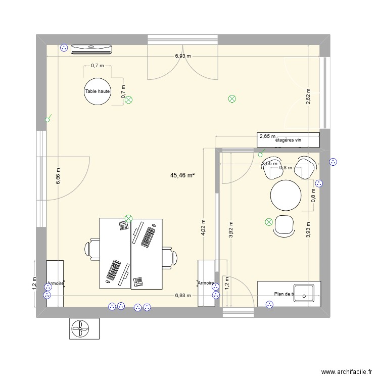 amenagement bureau chai. Plan de 1 pièce et 45 m2