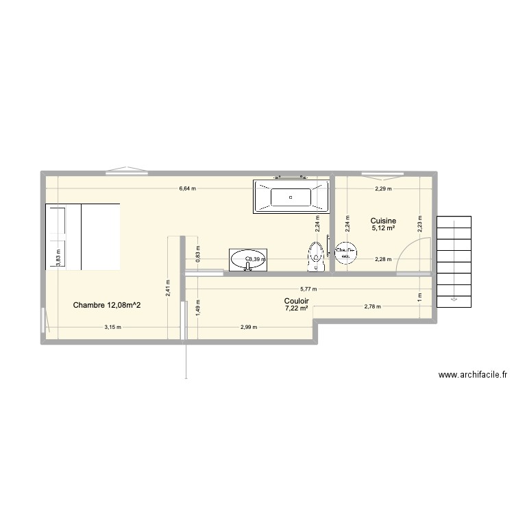 Baignoire. Plan de 3 pièces et 32 m2