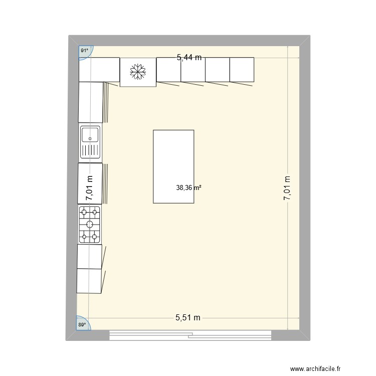 plan cuisine. Plan de 1 pièce et 38 m2